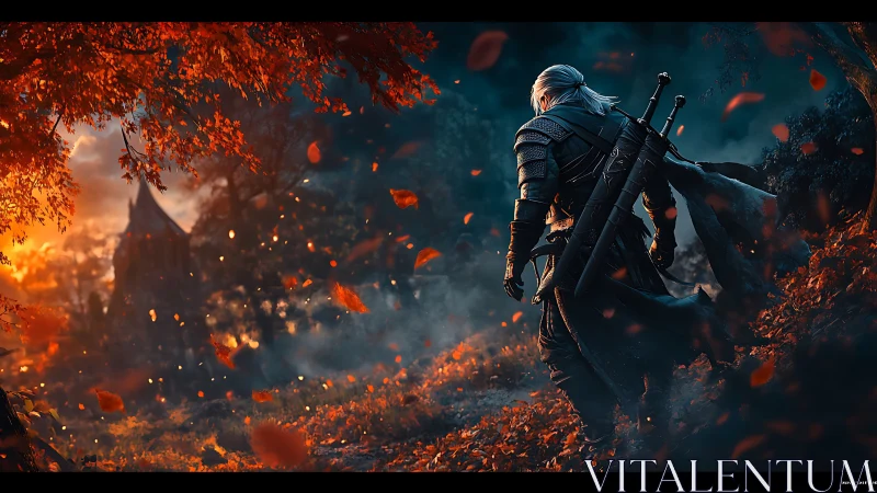 Armored swordsman crossing ember-lit forest path at dusk