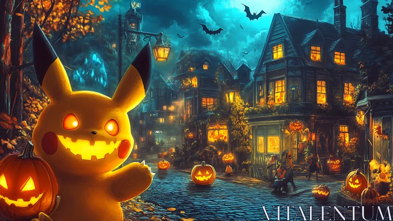 Pikachu with jack o’lanterns stands in a lit Halloween street