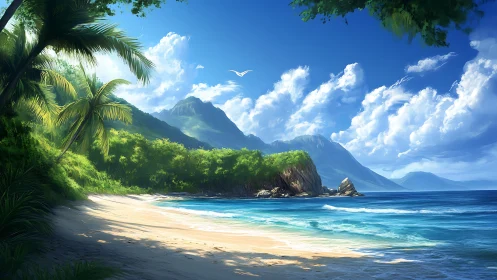 Tropical Coastal Landscape with Mountain and Palm Vegetation