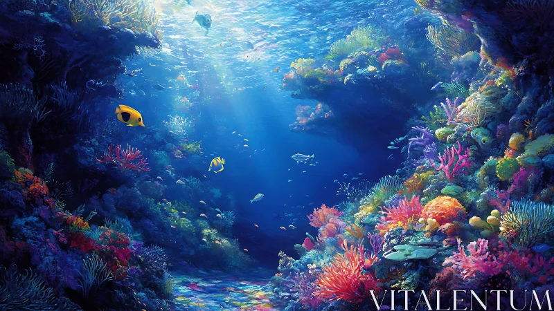 Digital illustration shows detailed coral reef and reef fish.