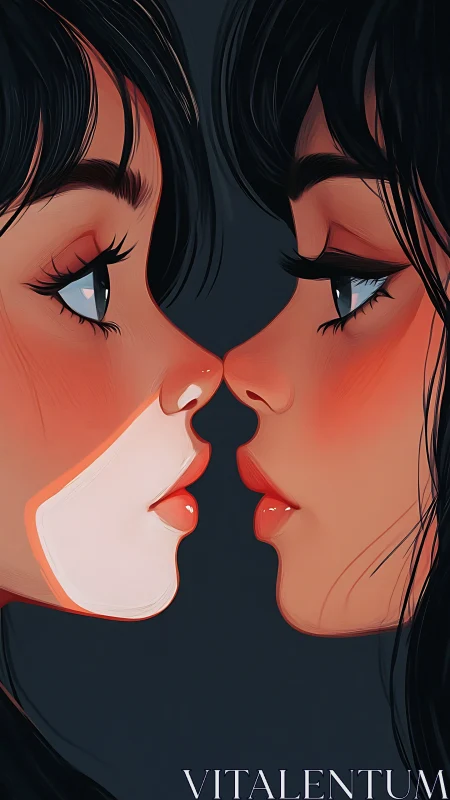 Two figures with black hair positioned nose-to-nose about to kiss.