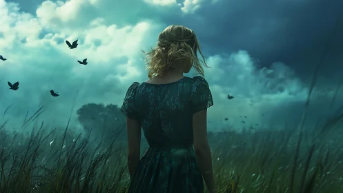 Quiet girl in a stormy meadow watching birds rise skyward.