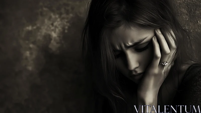 Melancholy woman in dramatic lighting, emotional portrait style.