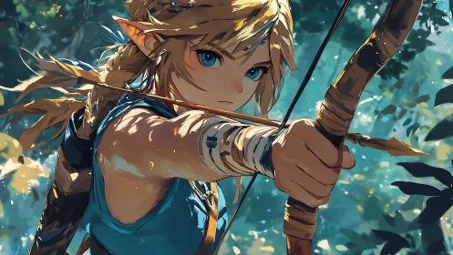 Elf archer in forest draws bowstring with cinematic intensity