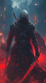 Hooded rogue strides through burning fog in neon red gloom.