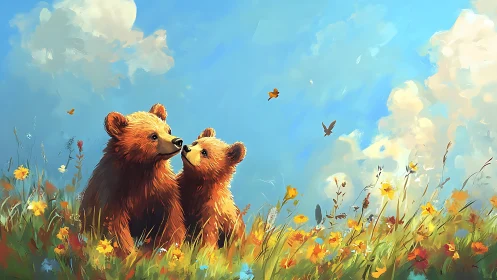 Gentle bear family enjoys a golden afternoon in wildflowers