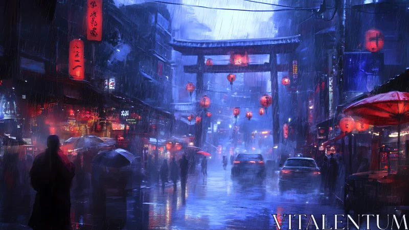 Rainy neon city street glows softly under red lanterns