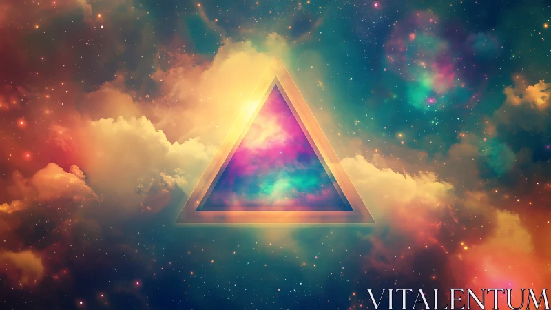 Prismatic triangle portal glows within luminous cosmic clouds