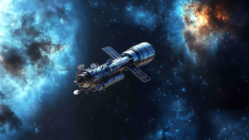 Starbound satellite drifting through electric nebula glow.