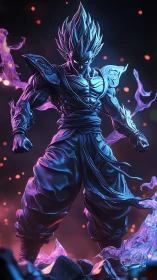 Powerful anime warrior amid glowing purple energy field.