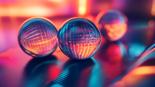 Neon glass orbs catching light like tiny urban sunsets.