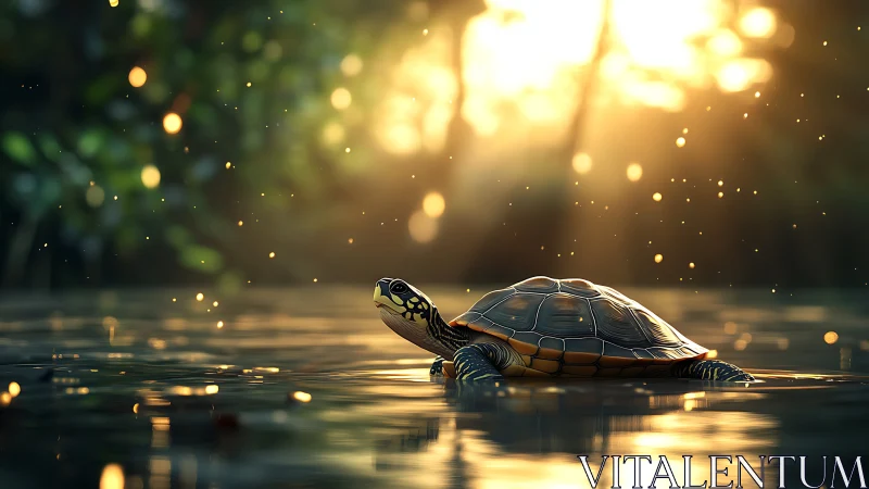 Sunlit turtle drifts across a tranquil golden forest pond