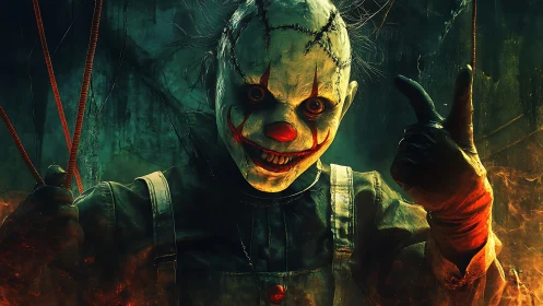 Grinning nightmare clown in fiery funhouse shadows.