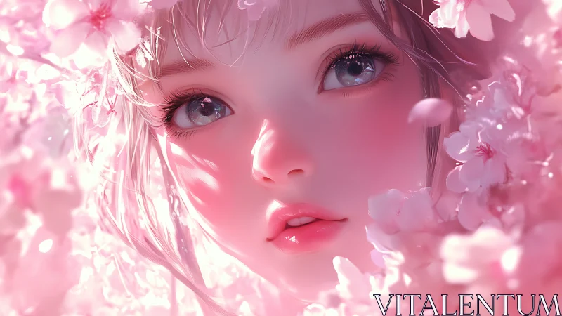 Close digital portrait of girl framed by pink blossoms.