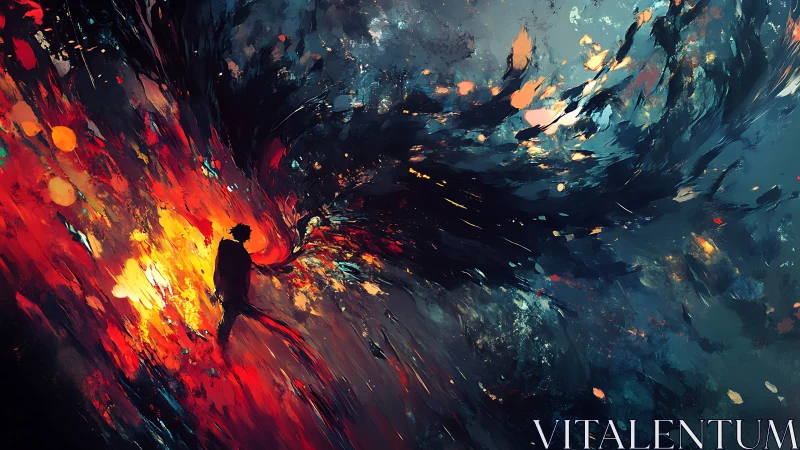 Silhouette stands between red fire burst and dark swirling sky