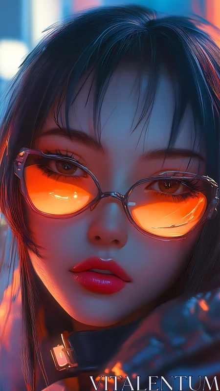 Cyberpunk portrait with neon reflective eyewear close-up framing.