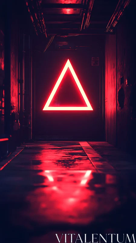 Red neon triangle sign in dark corridor with reflections.