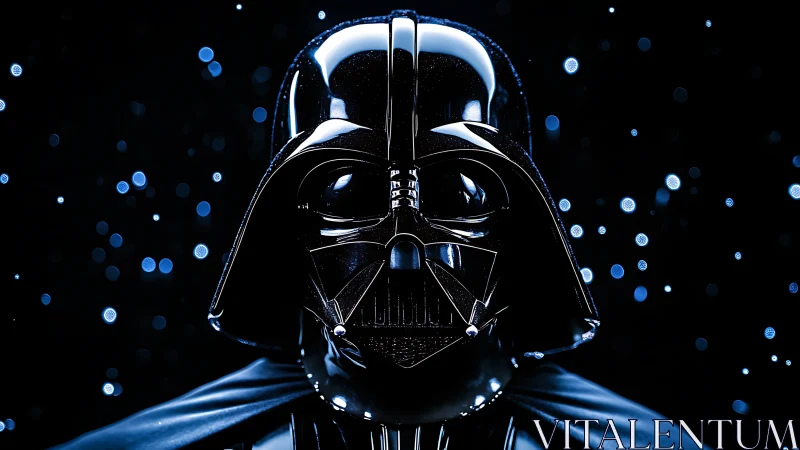 Gleaming black sci‑fi helmet under cinematic blue specks.