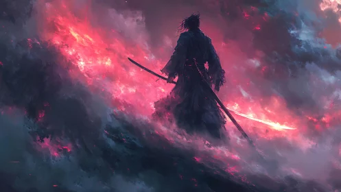 Samurai silhouette stands amid glowing red storm clouds
