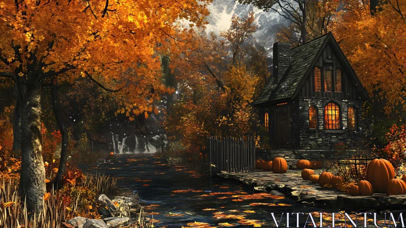 Autumn river cottage with pumpkins under glowing moonlight.