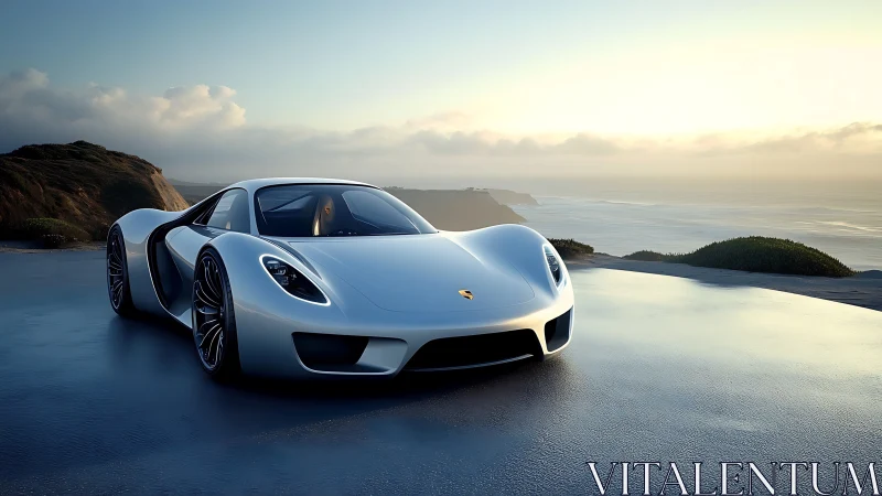 Futuristic white supercar rests beside a serene ocean cliff.