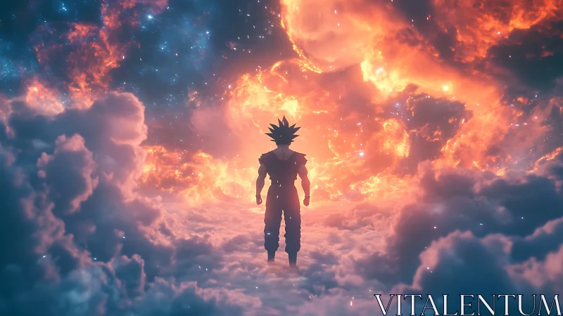 Lone anime warrior confronts colossal cosmic firestorm.