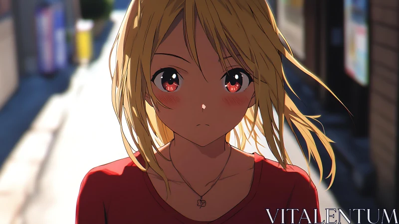 Blonde anime girl walks sunlit alley with resolute gaze