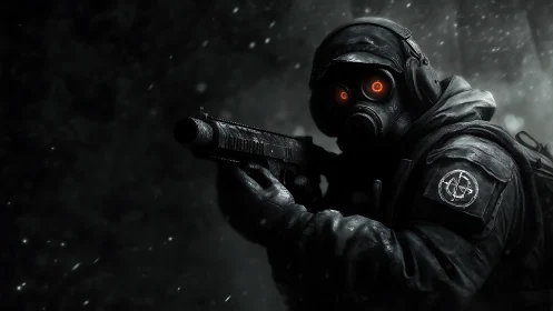 Tactical operator with gas mask in stormlit combat stance.