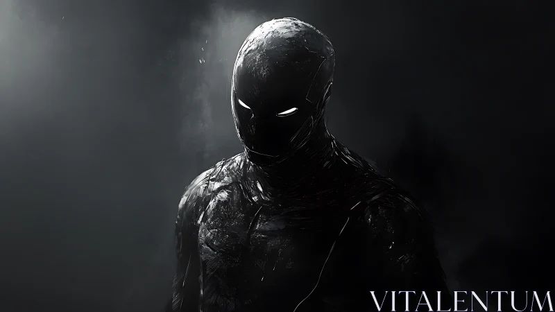 Obsidian-suited humanoid with glowing eyes in smoky void.