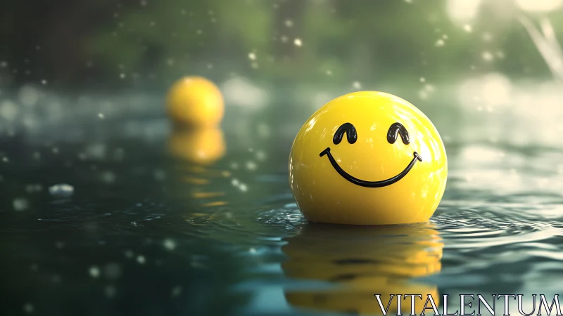 Smiley face sphere floats peacefully on shimmering water.