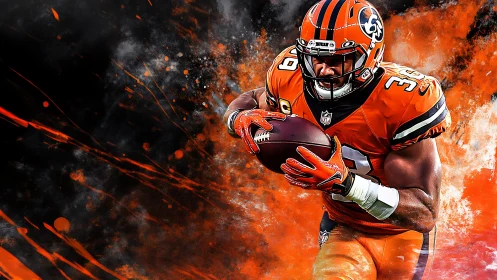 Dynamic football runner bursting through fiery orange energy.
