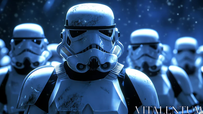 Armored sci‑fi soldiers in formation under blue lighting.