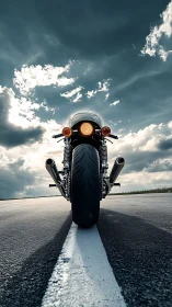 Low-angle rear view of cafe racer motorcycle on open runway
