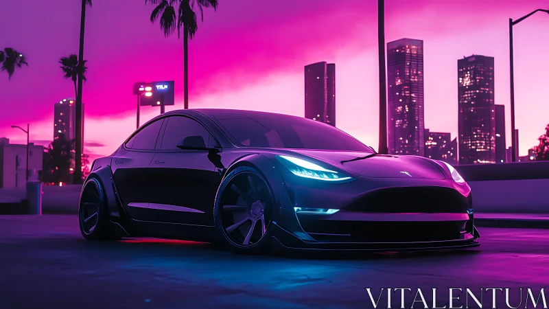 Electric sedan under neon magenta skyline, cinematic low angle.