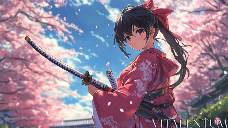 Sword-bearing girl in red kimono amid spring cherry blossoms.
