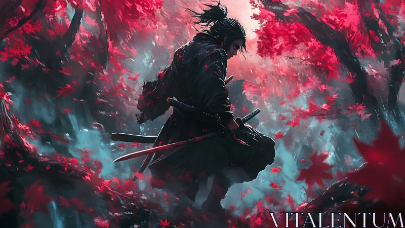 Lone samurai pauses in a storm of crimson autumn leaves