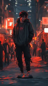 Neon city wanderer drifting through a midnight street glow.