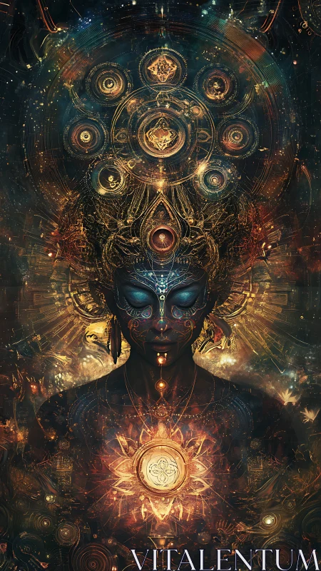 Cosmic deity portrait in radiant mandala energy field.