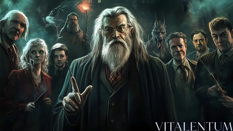 Elderly wizard leading tense coven in misty fortress hall.