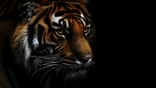 Tiger portrait with intense golden gaze on black background.