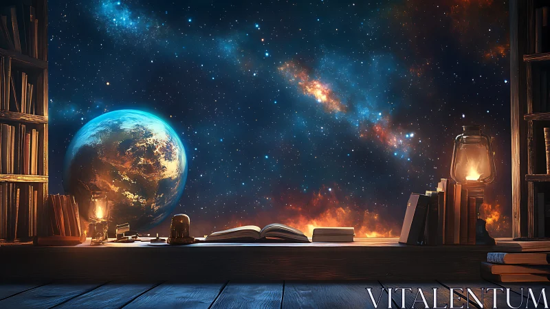 Starlit library window opens onto a glowing cosmic horizon.
