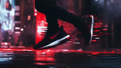 Running shoes in motion with digital red light trails.