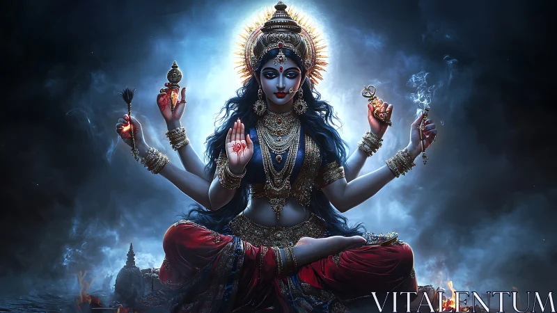 Multi-armed goddess figure in ornate jewelry against dark sky.