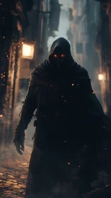 Hooded wraith advances through ember-lit medieval alleyway