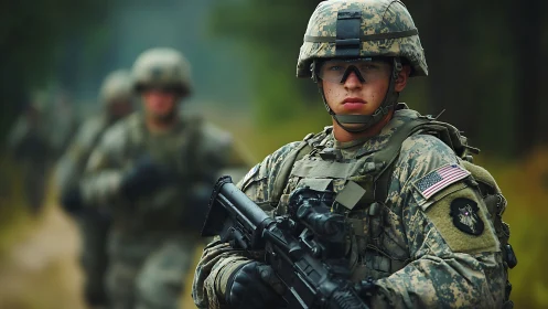 Steel-eyed soldier leads patrol through blurred green silence.