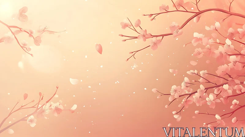 Soft spring blossoms drifting across a glowing peach sky.