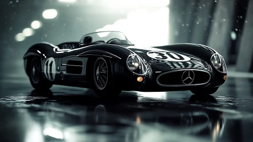 Vintage Mercedes race car render in wet reflective setting.
