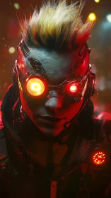 Neon-eyed cyber renegade ignites the night in molten red.