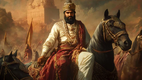 Armored cavalry commander in ornate regal attire leads mounted vanguard