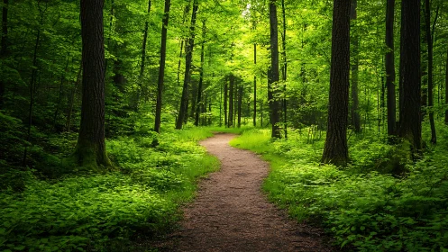 Sunlit forest trail winding through lush green woodland scenery.